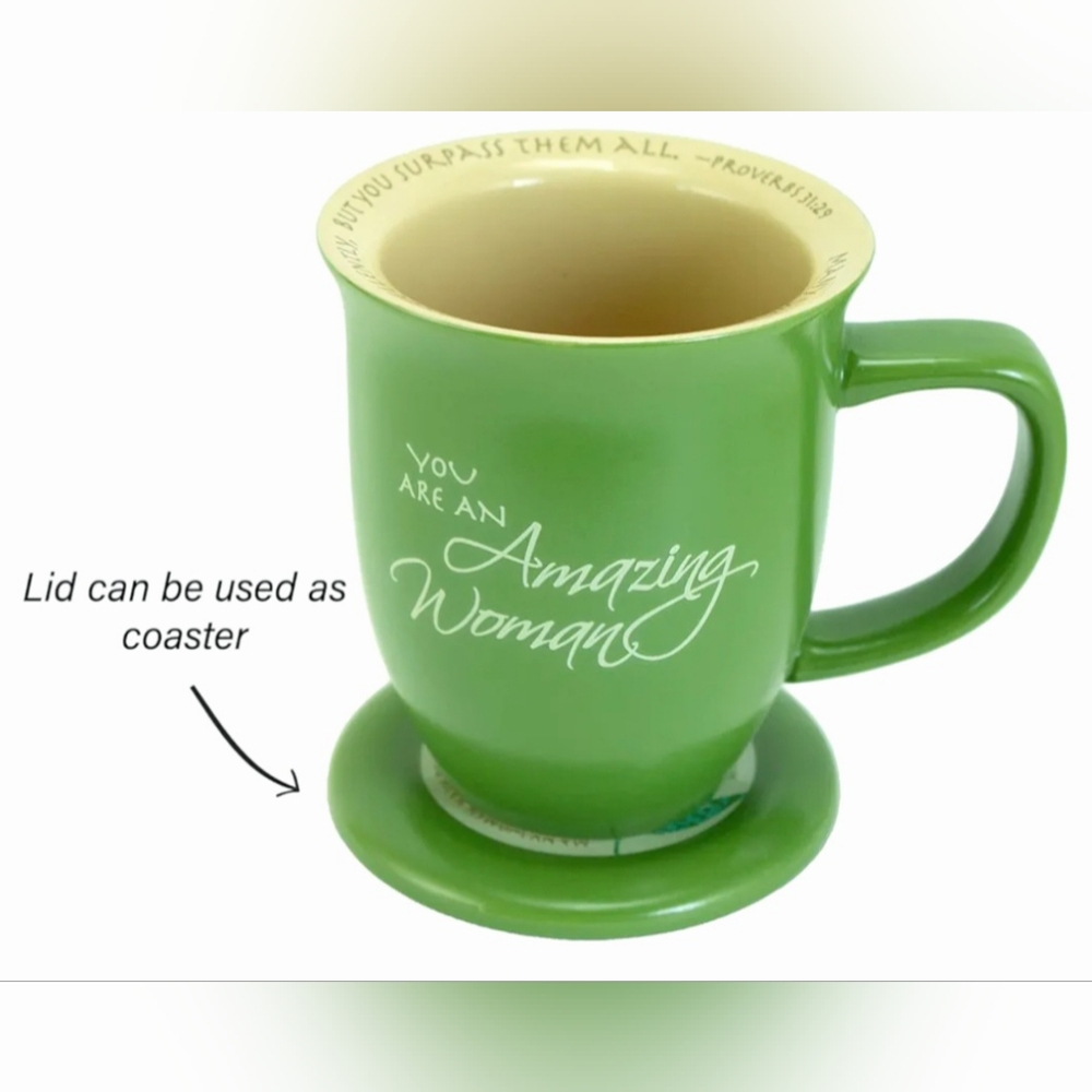 Abbey Gift Amazing Woman Ceramic Mug & Coaster/Lid Set Olive Green NEW NWT - Picture 5 of 10